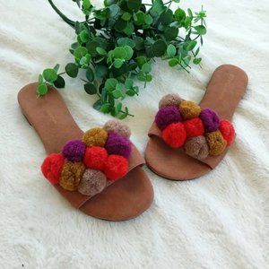 BCBGeneration cute micro suede pompom sandals size 5.5